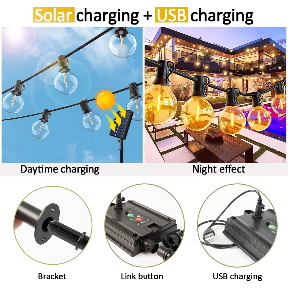 Solar String Lights Outdoor G40 Patio Lights,USB Recharger, 8Light Mode ,Shatterproof Bulbs , Weatherproof Hanging Light BestEbuys - The Best Daily Online Deals https://bestebuys.com/shop/solar-string-lights-outdoor-g40-patio-lightsusb-recharger-8light-mode-shatterproof-bulbs-weatherproof-hanging-light/